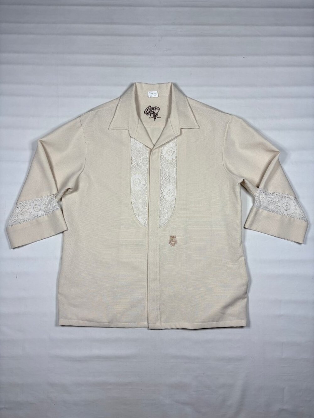 VTG 70s Beau Tiki Hawaii Mens Wedding Shirt Large Tan Beige Lace Panels